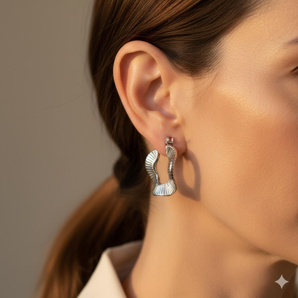 Geometric Wave Silver Hoop Earrings